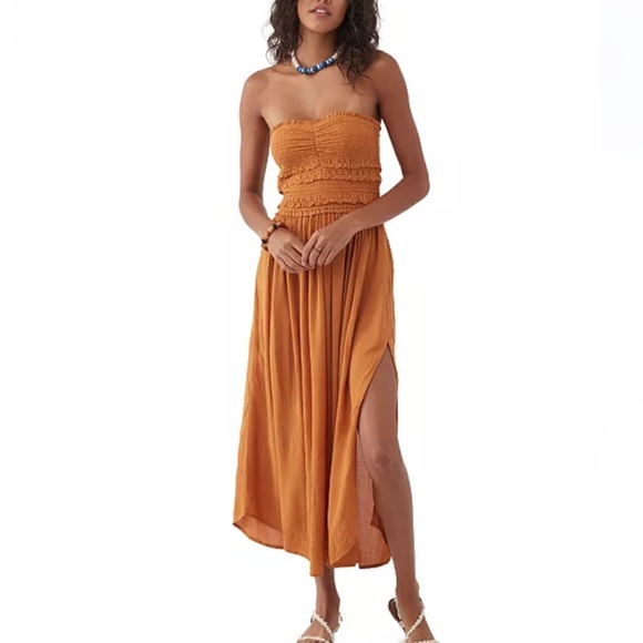 O'Neill Orange 🍊 Devyn Strapless Smocked-Bodice Side-Slit Midi Dress EUC - Picture 3 of 8